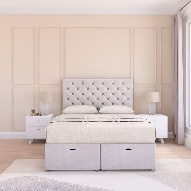 Sloomy Mayfair Super King Ottoman Bed with 26 Inch Headboard and Hybrid Memory Mattress in Silver Plush Fabric