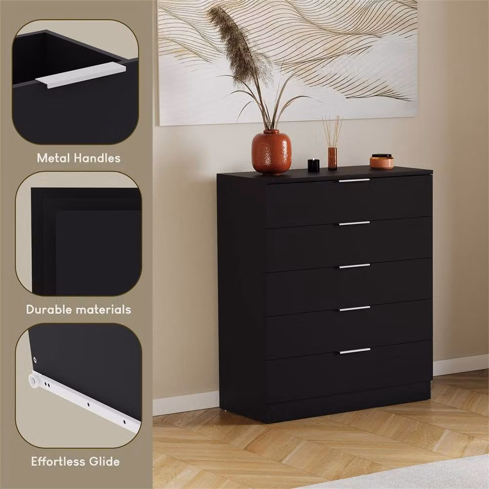 EONLION Modern 5 Drawer Black Wood Chest for Bedroom Storage, Width: 100 cm – 3