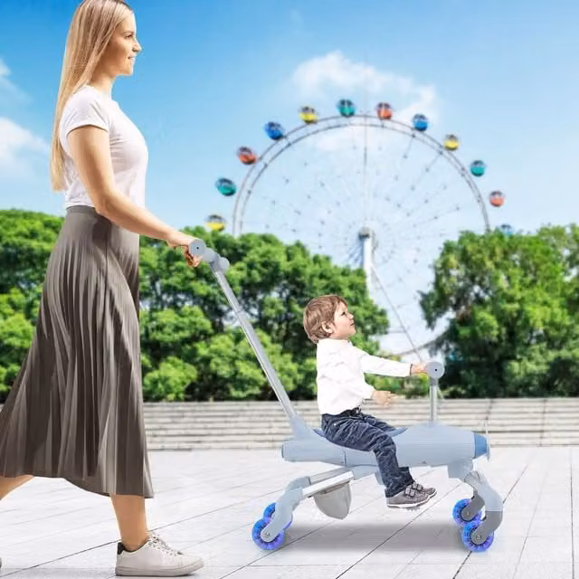 Costway 2 in 1 Kids Ride on Push Car with Push Handle and Light and Sound Effects, Blue