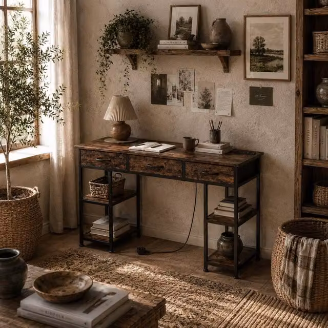 Wyld Haus Hariva Home Office Computer Desk in Rustic Brown, W: 120 cm, H: 76 cm – 1