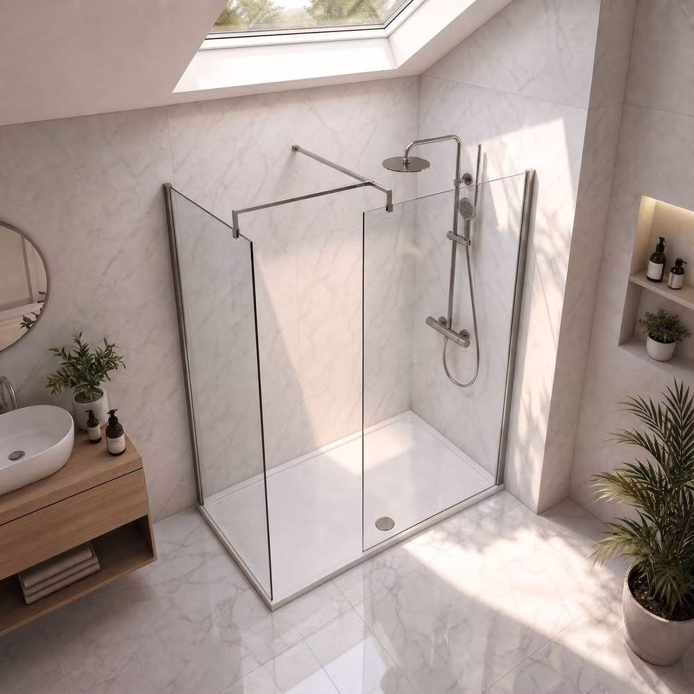 Balterley Walk-In Wetroom Bundle with Rectangular Tray and Fixed Glass Panel, Silver and Gunmetal, W: 1500 mm, D: 700 mm – 2