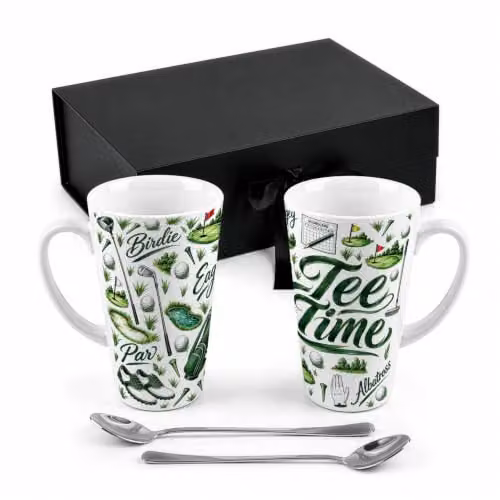 Purely Home Tee Time Tall Latte Mugs and Spoons Gift Boxed Set in Green and White – 1