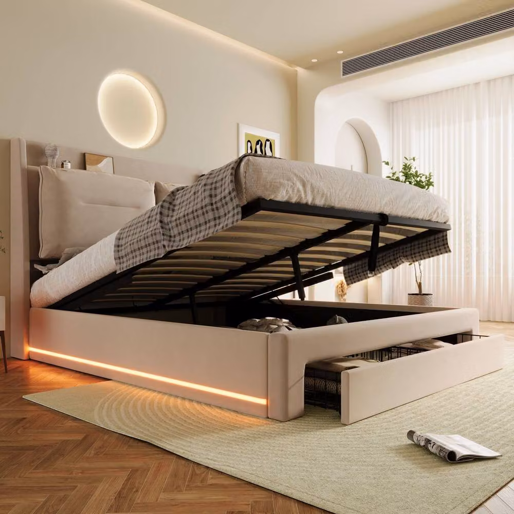 Matteo Beige Velvet Double Bed Frame with Lift Up Storage and Under Bed LED Lighting – 2