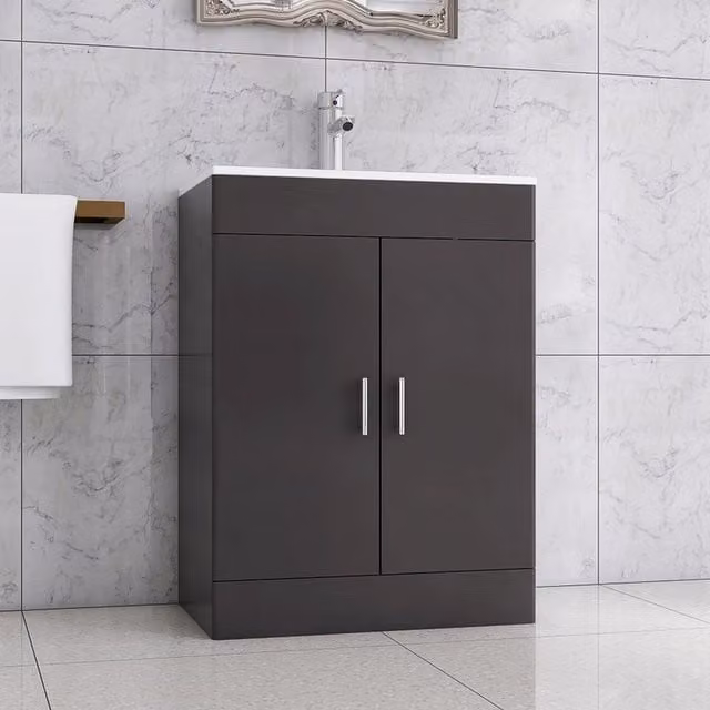 BELOFAY Grey Flat Pack Vanity Unit with Ceramic Basin, Tap and Waste Bottle Drainer, W: 60 cm, D: 39 cm