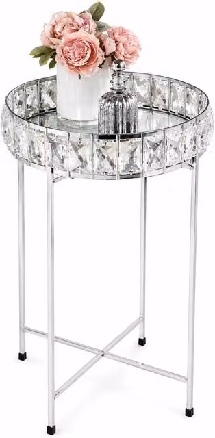 FORGEVIO Silver Crystal Mirrored Round Coffee Table with Metal and Glass Construction