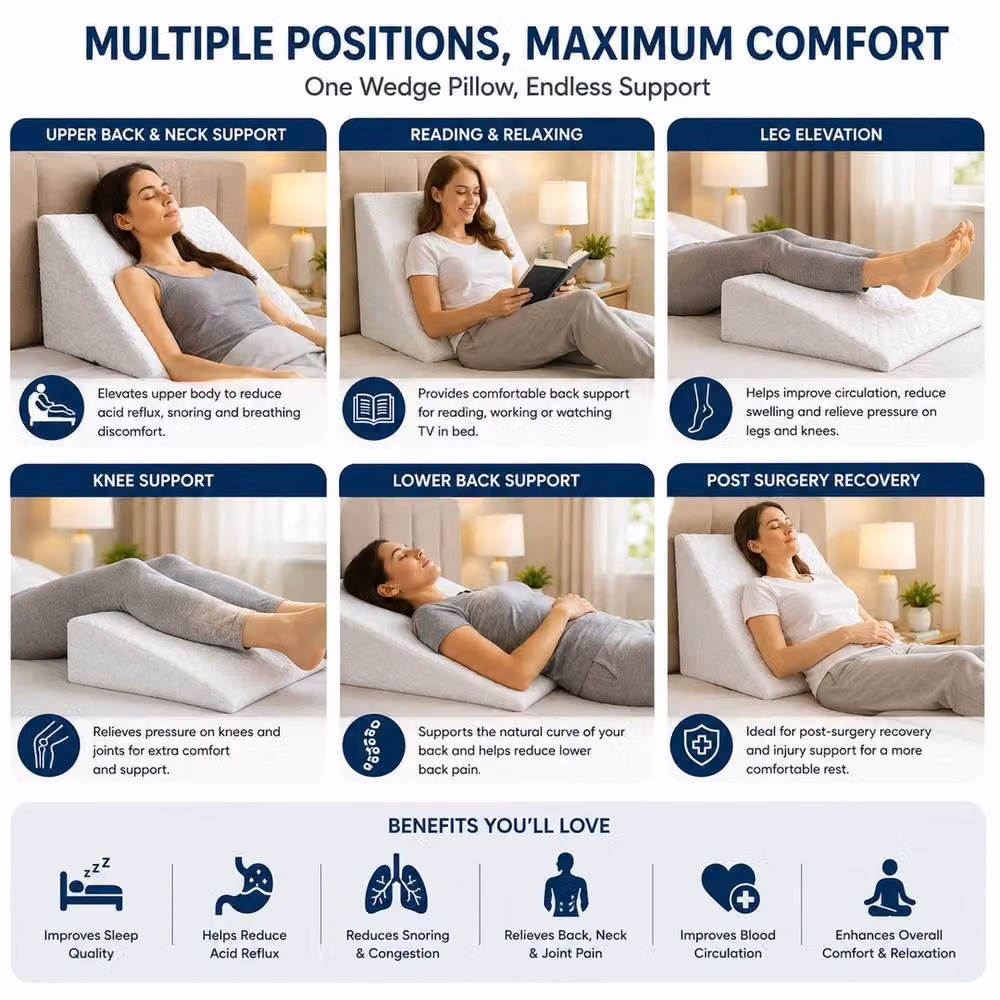 VOGREX White Foam Wedge Pillow for Back, Knee and Neck Support with Removable Machine Washable Cover – 2