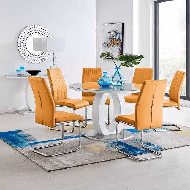 FurnitureboxUK Giovani Round Grey Glass Dining Table and 6 Lorenzo Mustard Chairs Set, Diameter: 120 cm