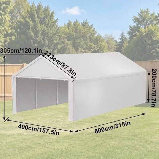FLAVORA White Carport Canopy and Garden Storage Shed with Gable Roof and Window, W/D/H: 800 x 400 x 305 cm – 1