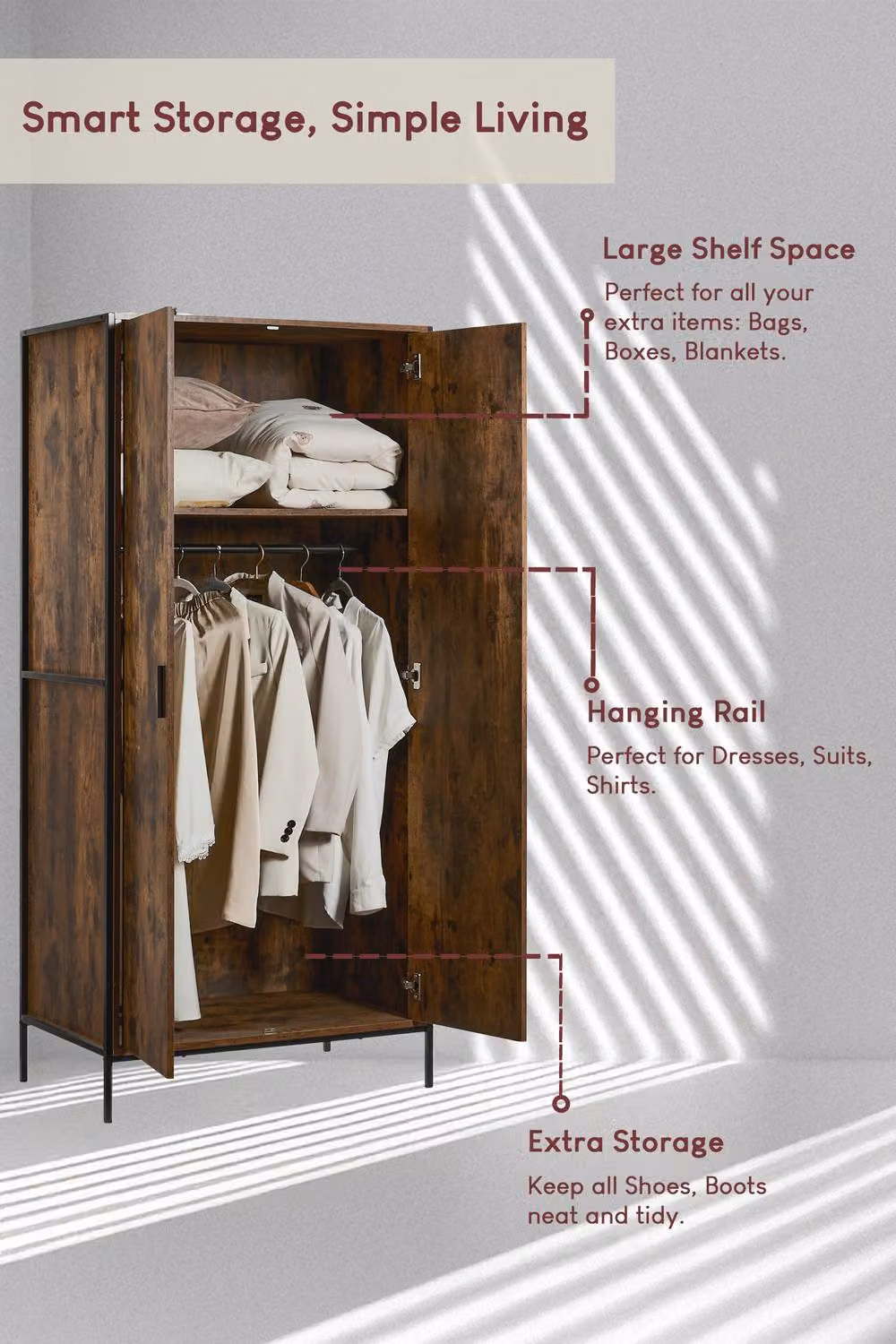 HD Designs Brooklyn 2 Door Wardrobe in Dark Brown, W/D/H: 180 x 83 x 52 cm – 4