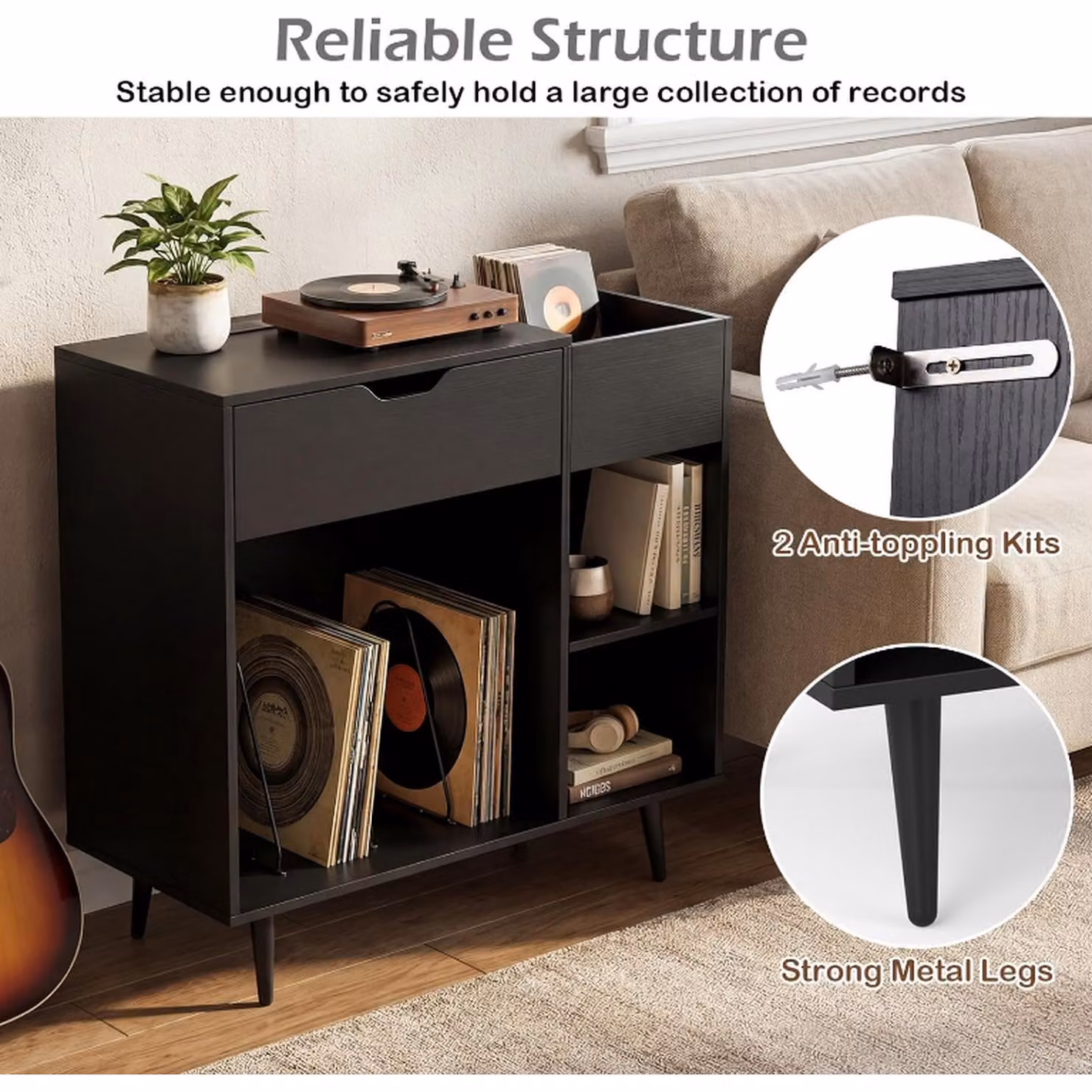 COSTWAY Industrial Metal Vinyl Record Storage Cabinet in Matt Black – 3