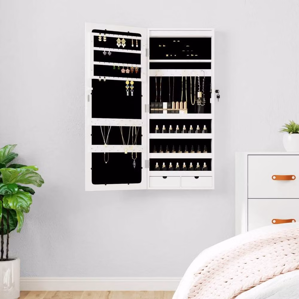 Berkfield Home White Wall Mounted Mirror Jewellery Cabinet with LED Lighting – 2