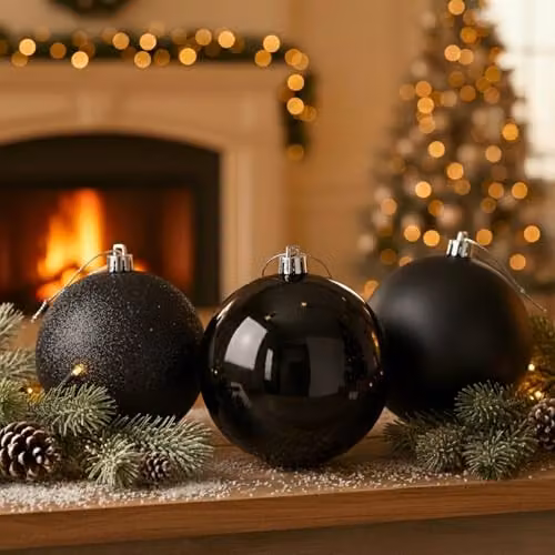 SHATCHI Set of 3 Black Shatterproof PVC Christmas Baubles, 20 cm Round Hanging Ornaments with Glossy, Matt and Glitter Finishes – 2