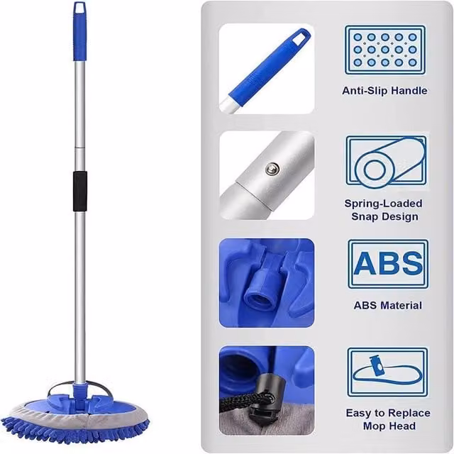 NESTLUNE Microfibre Car Cleaning Brush Mop with Telescopic Handle, Blue, W: 15 cm, H: 100 cm