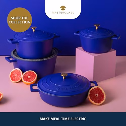 MasterClass Cast Aluminium Casserole Dish with Self Basting Lid, Blue, Diameter: 20 cm, Volume: 2.5 l – 6