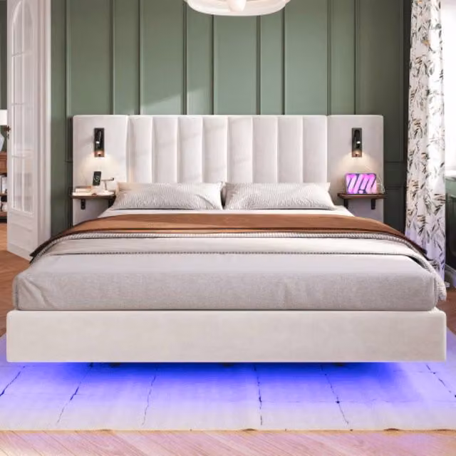 Matteo White Upholstered Double Bed with Integrated Headboard Storage, Bedside Shelves, Reading Lights and USB Charging Ports