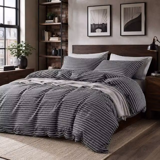 Grace Pinstripe Reversible Microfibre Duvet Cover and Pillowcase Set in Charcoal Grey, Single (90 x 200 cm) – 1