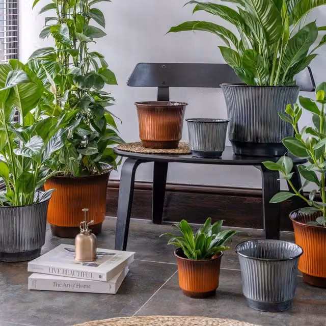Ivyline Jasper Modern Striped Metal Tabletop Planters in Orange and Blue, Set of 4
