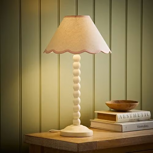ValueLights Bobbin Walnut Table Lamp with Baby Pink Linen Trim Scallop Shade and LED Bulb – 2