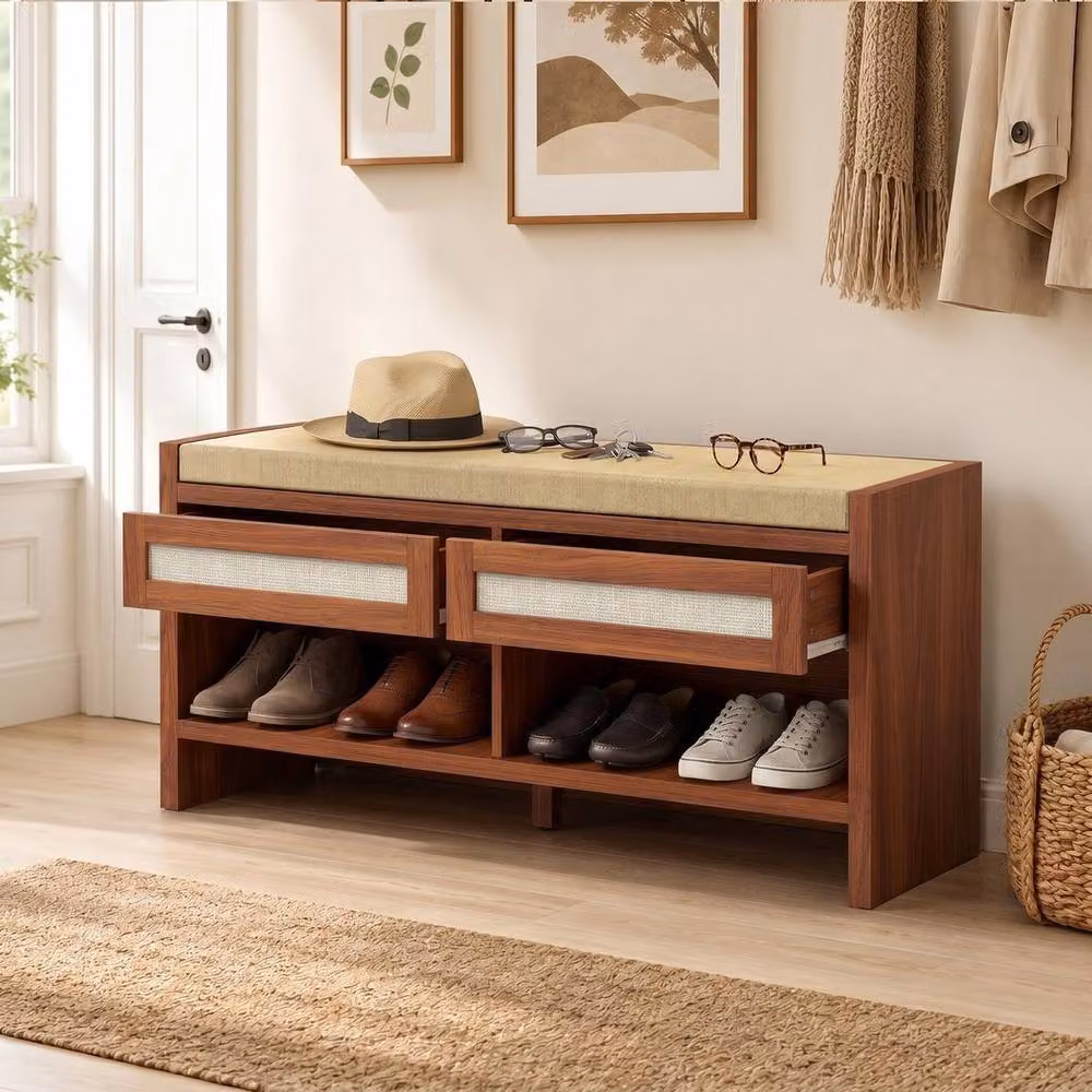KORVIXA Brown 2-Seater Shoe Storage Bench with Upholstered Fabric Cushion – 3