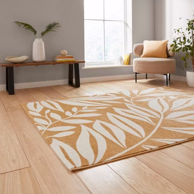 Catherine Lansfield Sorral Leaves Botanical Ochre Floral Rug