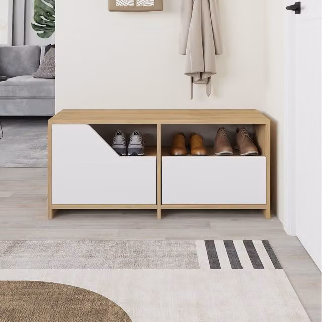 Decortie Nexus Modern 2-Door Shoe Cabinet with Open Shelf in Oak, Width: 105 cm