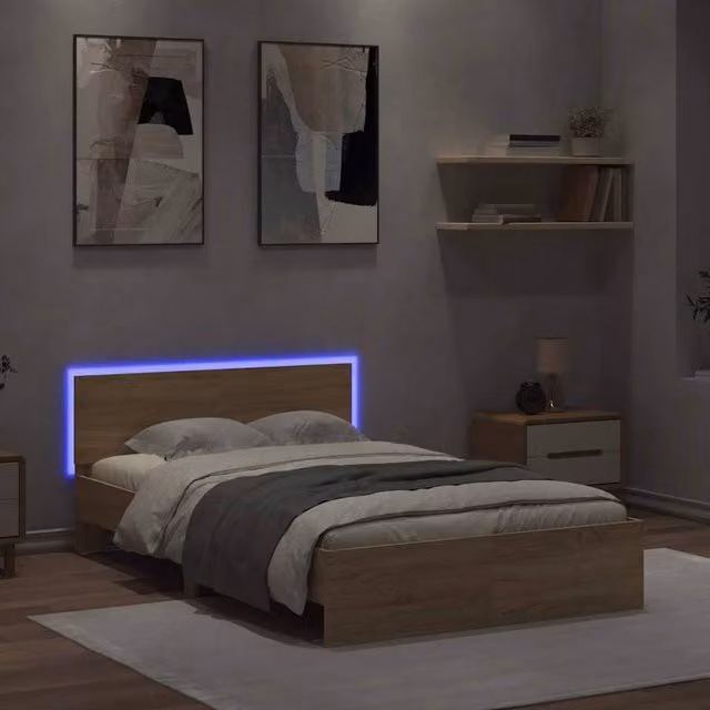 Berkfield Home Small Double Bed Frame with Headboard, LED Under-Bed Lighting and Drawers in Sonoma Light Oak, W/D/H: 120 x 200 cm – 1