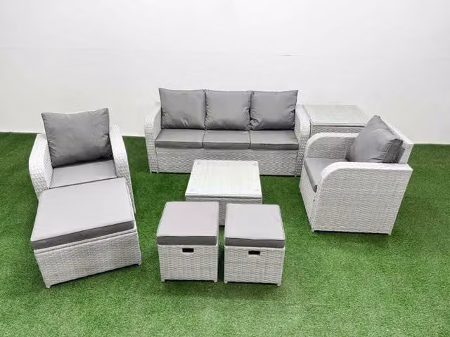 Fimous PE Rattan Garden Furniture Set in Light Grey with 3 Seater Sofa, Reclining Armchairs, Coffee Table and Ottoman