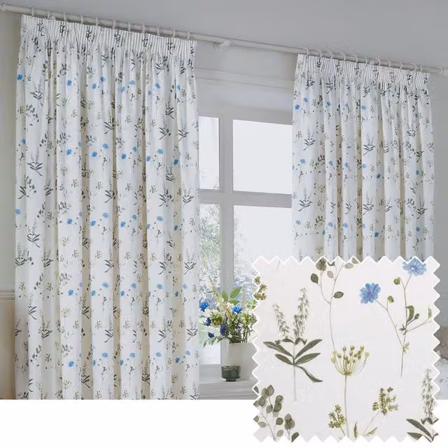 Wylder Meadow White Floral 100% Cotton Pencil Pleat Curtain Pair, Width: 229 cm, Drop: 229 cm