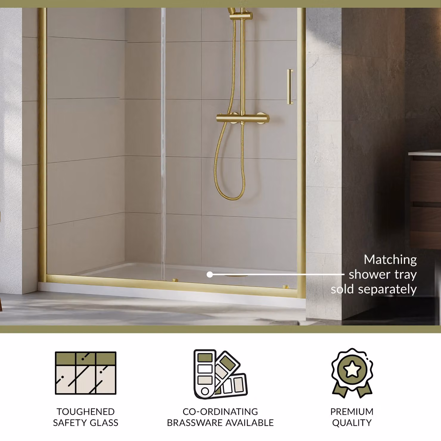 Balterley 6mm Glass Sliding Shower Door, Brushed Brass, W: 140 cm, H: 190 cm – 3