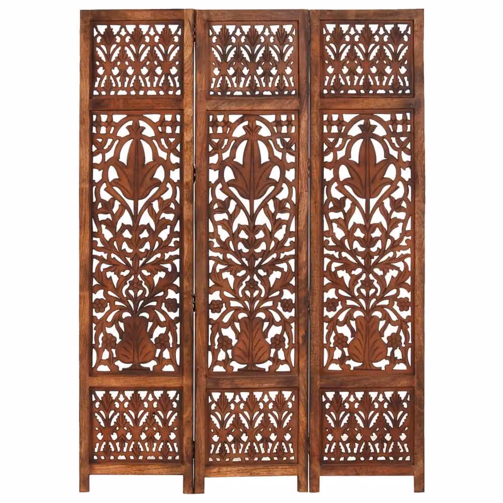 Berkfield Home Hand Carved 3-Panel Floral Room Divider in Brown Solid Mango Wood, W: 120 cm, H: 165 cm – 2