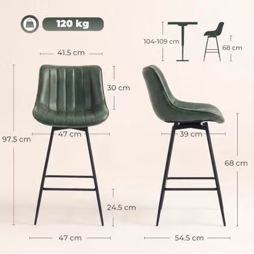 HOMCOM Set of 2 Modern Swivel Bar Stools with Backrest in Dark Green PU Leather – 3