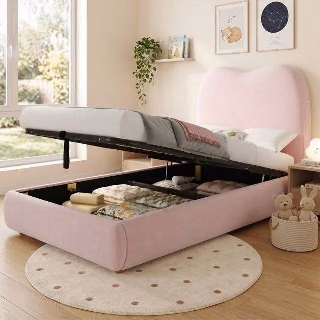 Matteo Pink Velvet Children's Single Bed with Hydraulic Storage and Upholstered Frame – 1