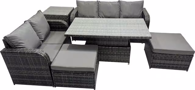 Fimous 7-Seater Rattan Garden Dining Set with Adjustable Rising Table and Side Table in Dark Grey Mixed