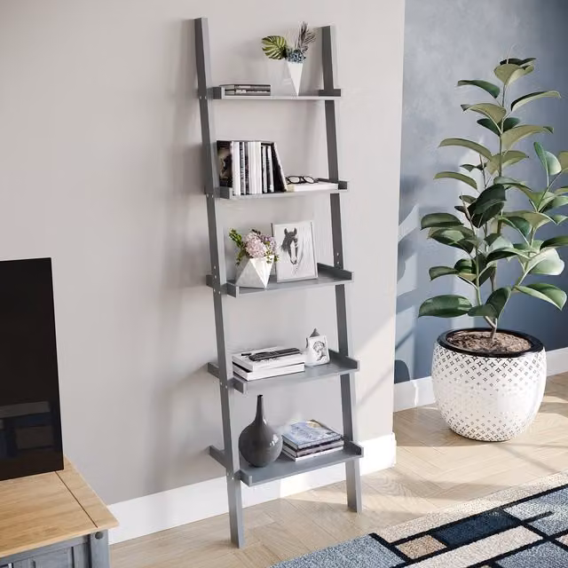 Vida Designs York 5 Tier Ladder Bookcase, Grey, H 189 x W 56 x D 32.5 cm – 5
