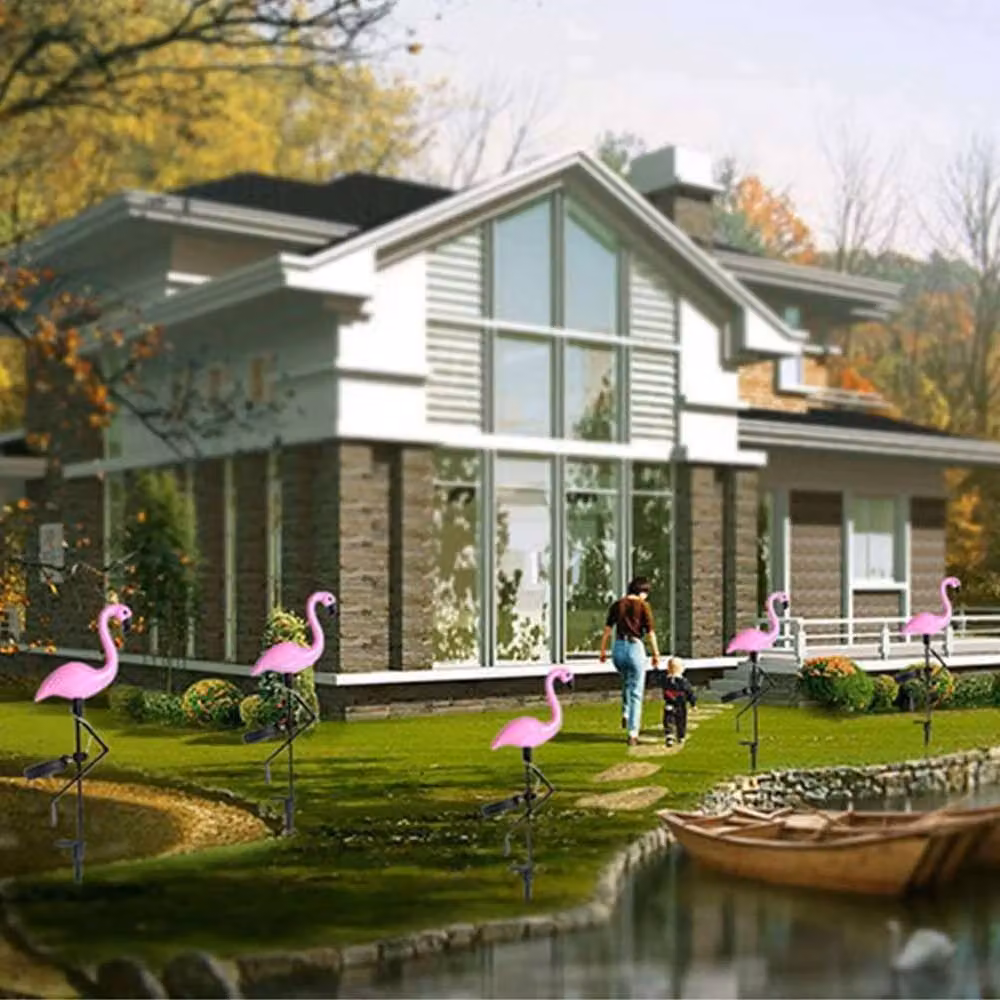 VOGREX 3-Piece Pink LED Solar Flamingo Garden Lights with Dusk Sensor – 4