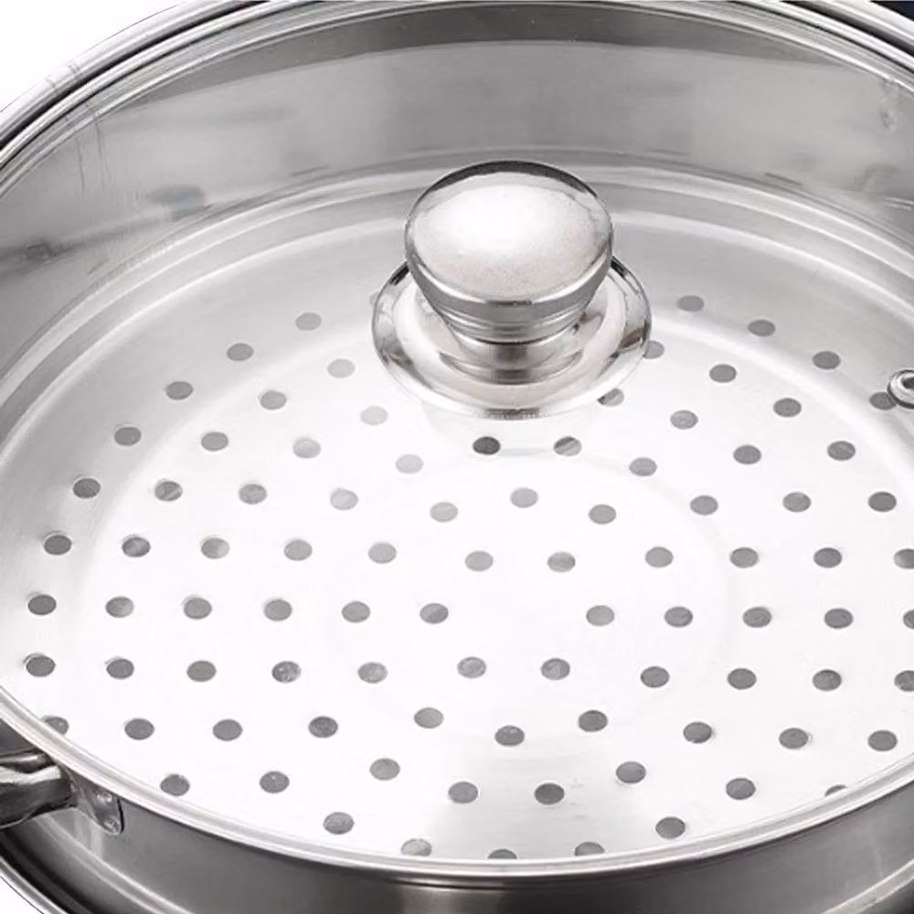 PAWNORA 3 Tier Stainless Steel Steamer Pot with Glass Lid, Silver, Diameter: 28 cm – 2