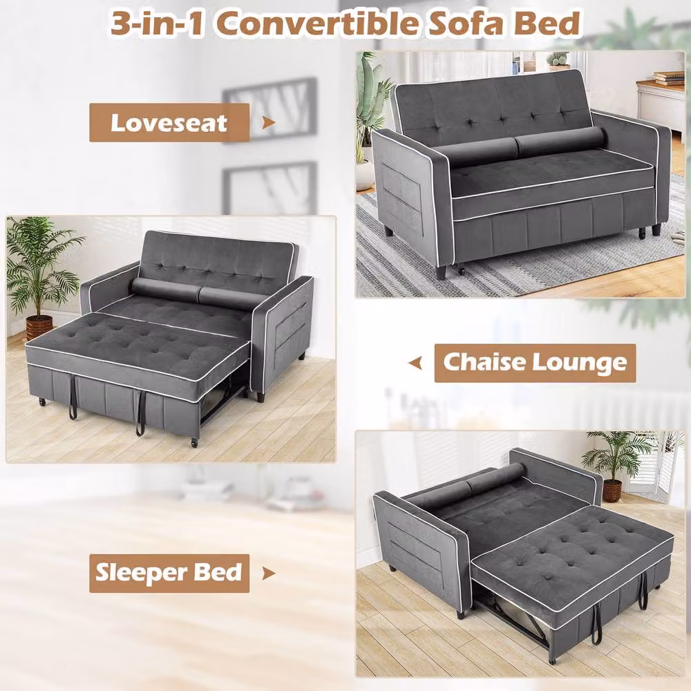 Gymax 3-in-1 Convertible Pull Out Sofa Bed in Grey Velvet Fabric with Metal Frame – 6