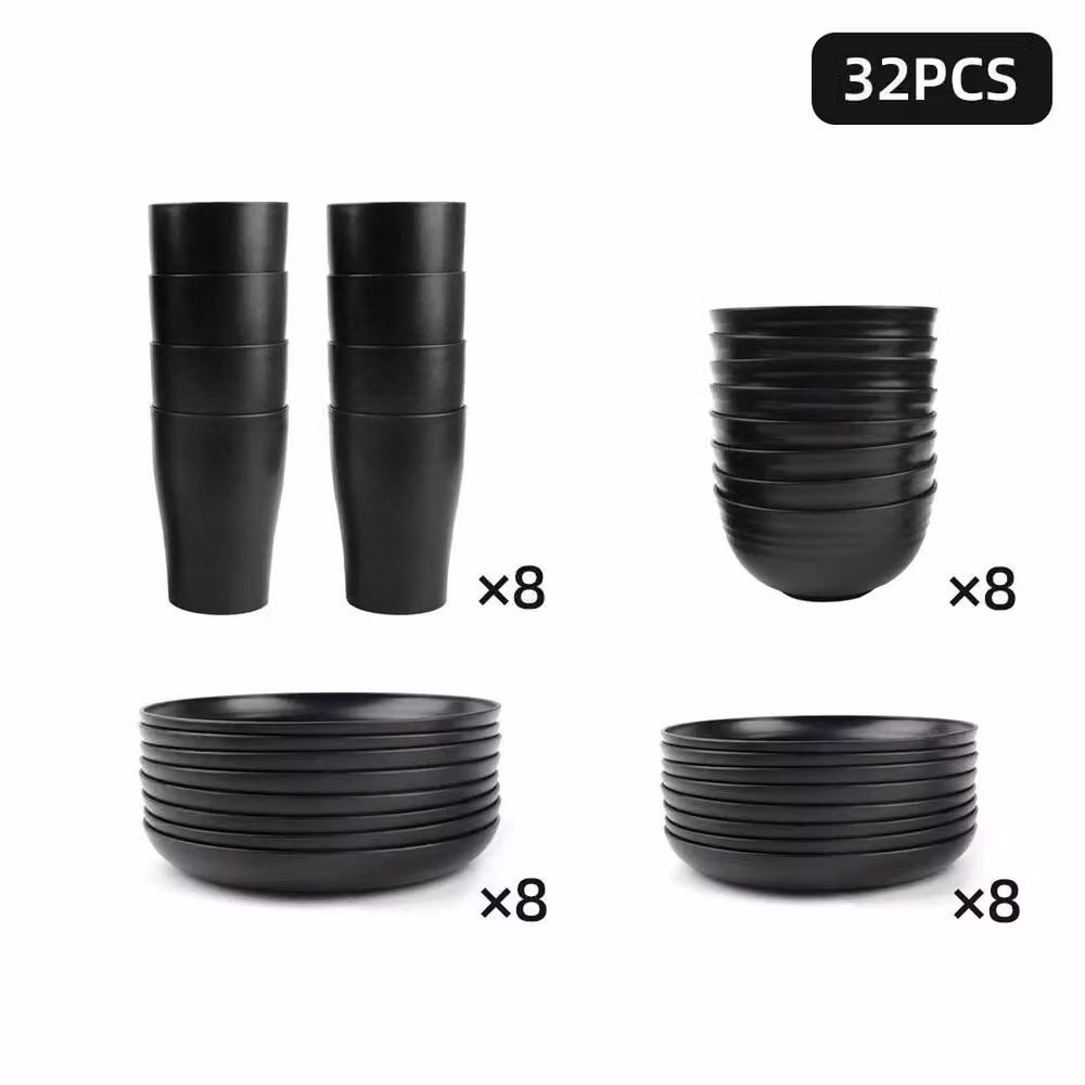 FLAVORA 32 Piece Black Wheat Straw Plate and Cutlery Dinner Service Set – 3