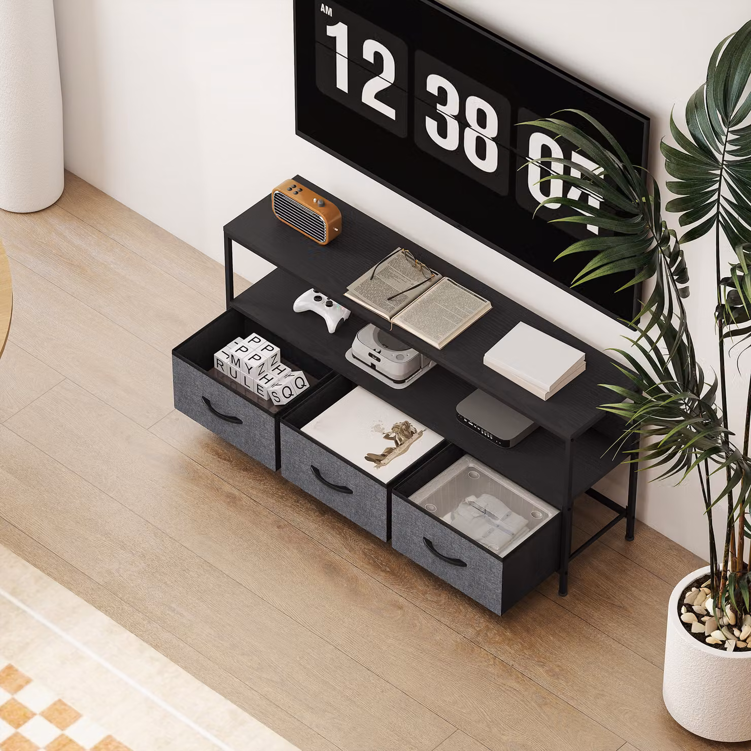 HOMCOM Modern Black TV Stand Cabinet with 3 Foldable Drawers and Metal Media Compartments – 7