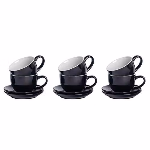 Argon Tableware Black Gloss Stoneware Cappuccino Cups and Saucers Set of 6, 250ml – 1