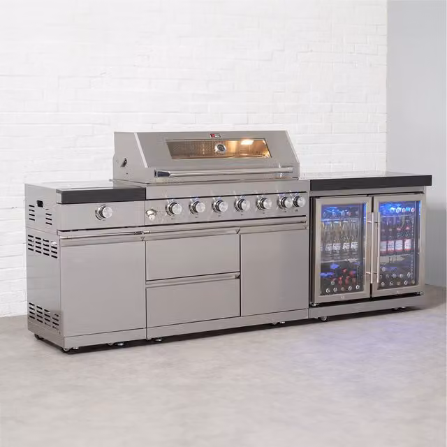 Draco Grills 6 Burner Modular Outdoor Gas BBQ Kitchen with Sear Station, Double Fridge Unit and Granite Top in Silver Stainless Steel