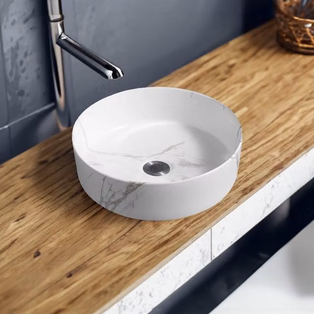 Limoge 7844 Ceramic Round Countertop Basin in White Marble Effect, Diameter: 35 cm – 1
