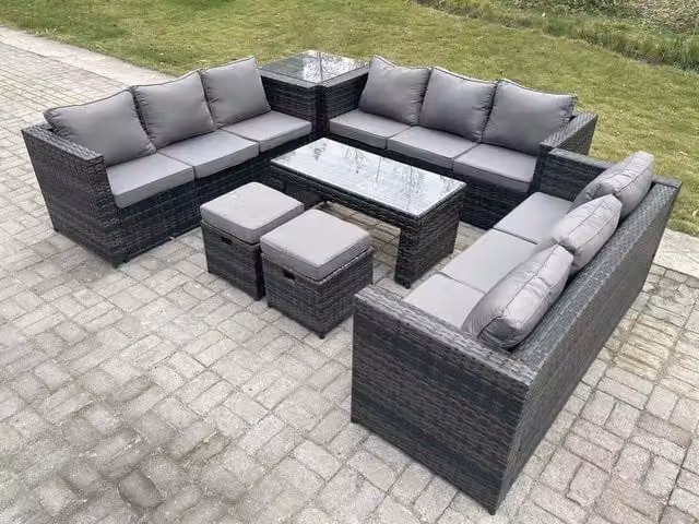 Fimous Dark Grey Rattan Garden Furniture Lounge Sofa Set with Oblong Rectangular Coffee Table – 1