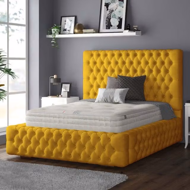 IH Design Royal Cushioned Chesterfield Plush Velvet Bed Frame, Yellow, 140 x 200 cm