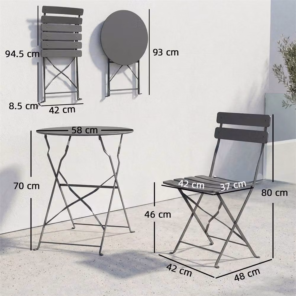 Outsunny Grey Metal Folding Garden Bistro Set with Round Table and 2 Chairs – 2
