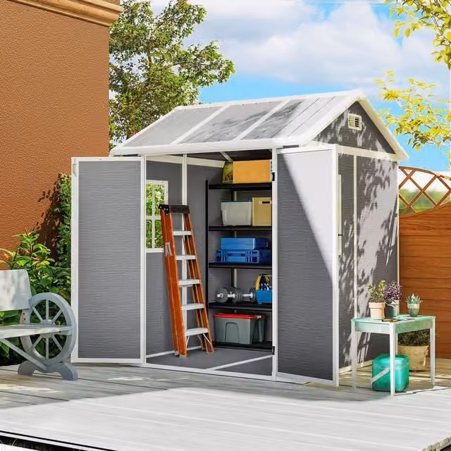 OUTSUNNY Grey Plastic Garden Shed with Floor, Window and Vents, W/D/H: 182.88 x 170.0 x 220.0 cm