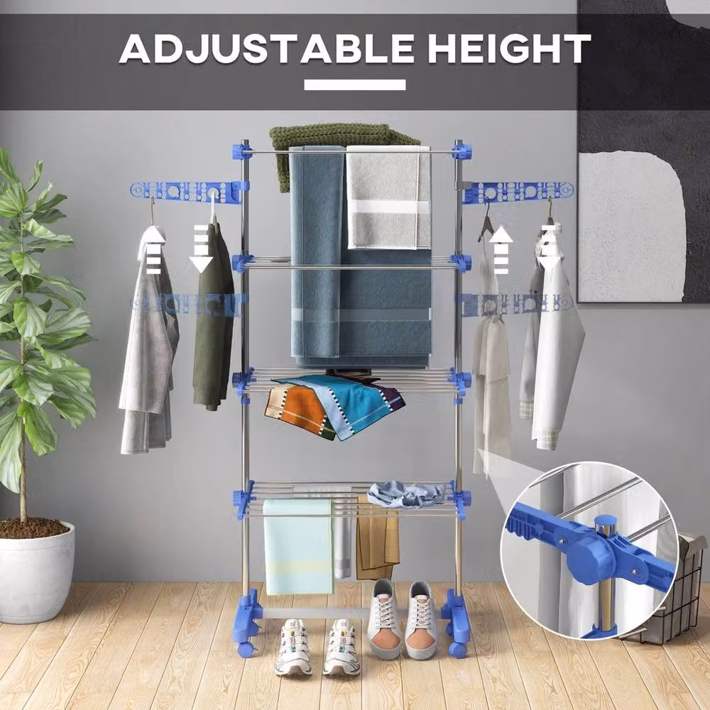 Havendro 4-Tier Large Stainless Steel Clothes Airer with Wing Arms and Hooks, Blue – 2