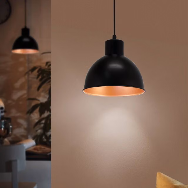 Eglo Truro 1 Industrial Dome Pendant Light in Black and Copper Metal