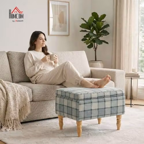 HOMCOM Rectangular Upholstered Storage Footstool in Grey with Removable Cover, W/D/H: 50 x 38 x 39 cm – 2
