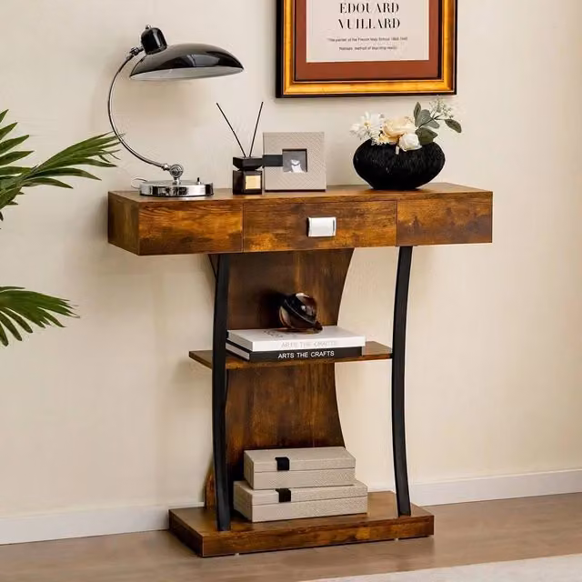 VOGREX Industrial T-Shaped Narrow Console Sofa Table in Brown